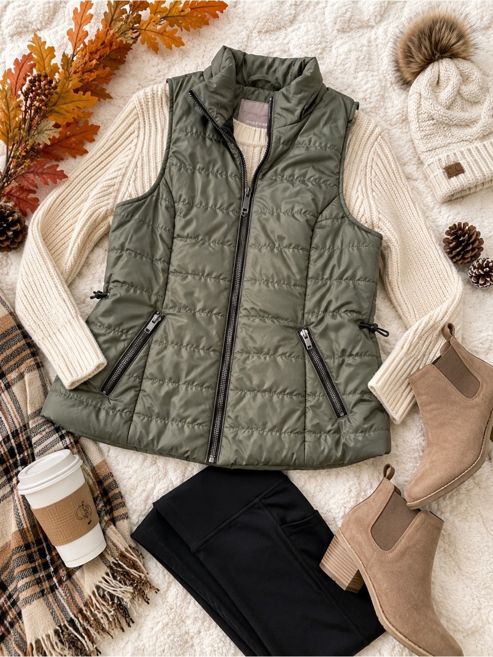 Maurices Olive Green Puffer Vest 1X Lightweight Quilted Zip Vest